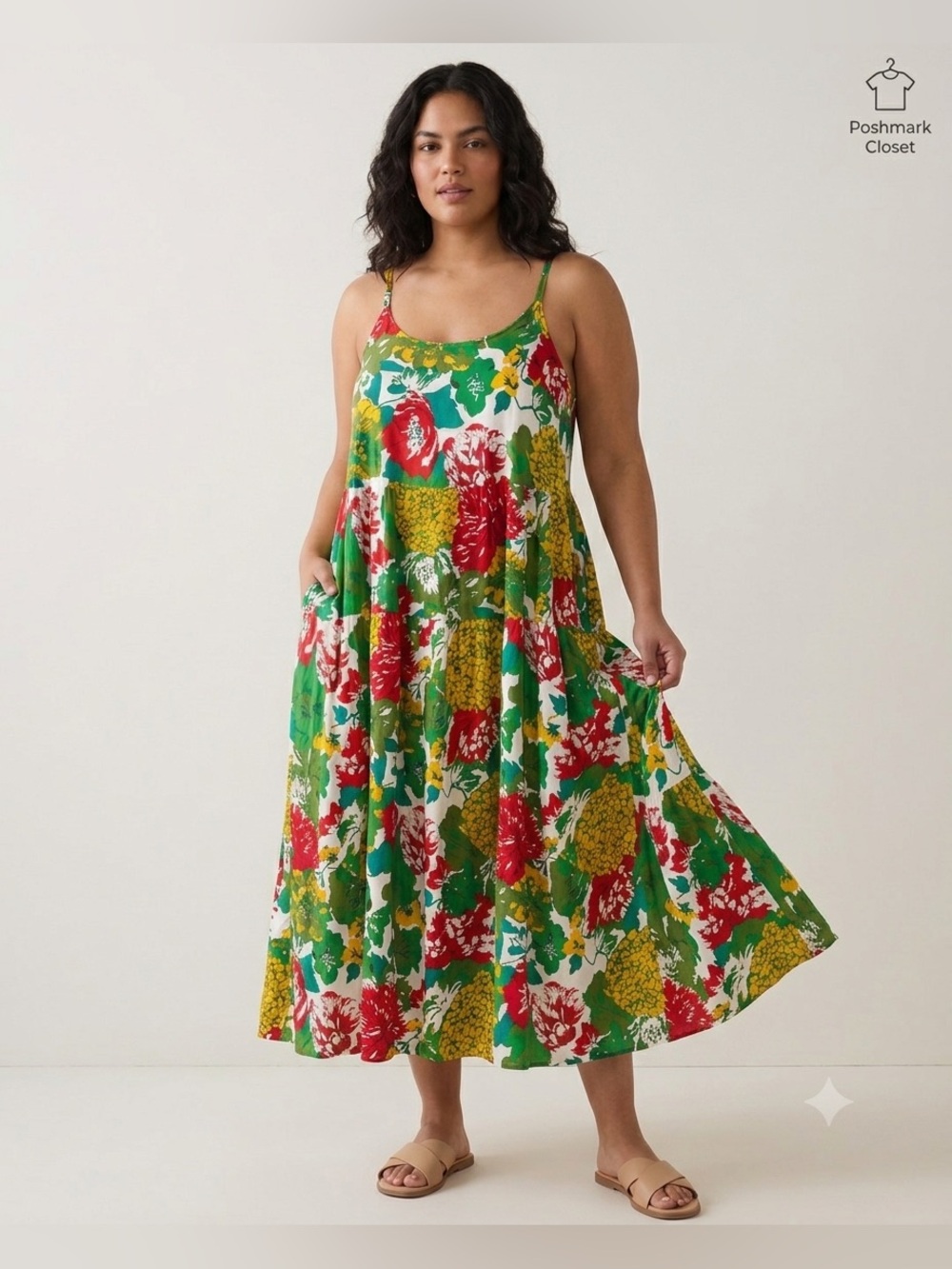 Tropical Cotton Tiered Maxi Dress with Pockets XL Excellent Condition